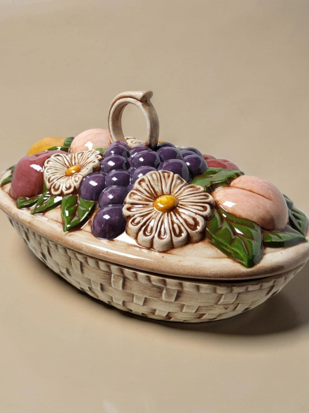 Vintage 1976 Handmade, Hand Painted Ceramic Wicker Pattern Bowl.